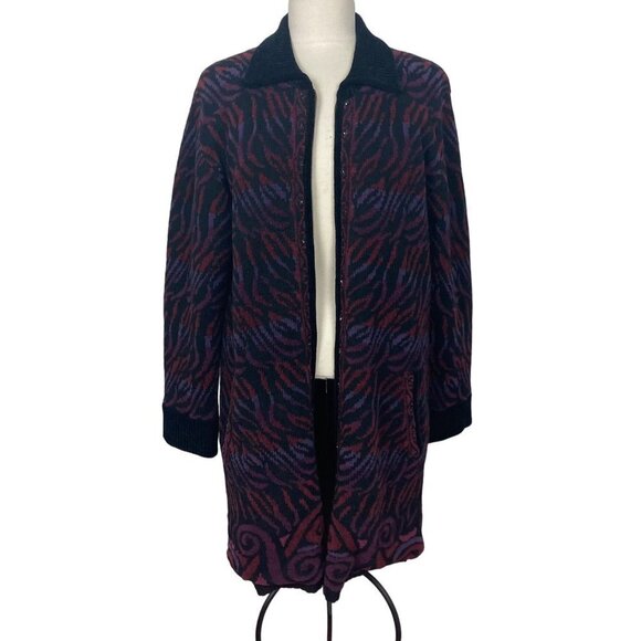 Vintage Icelandic Design Sweater Coat Cardigan Jacket Large Black Red Lined - Picture 13 of 13